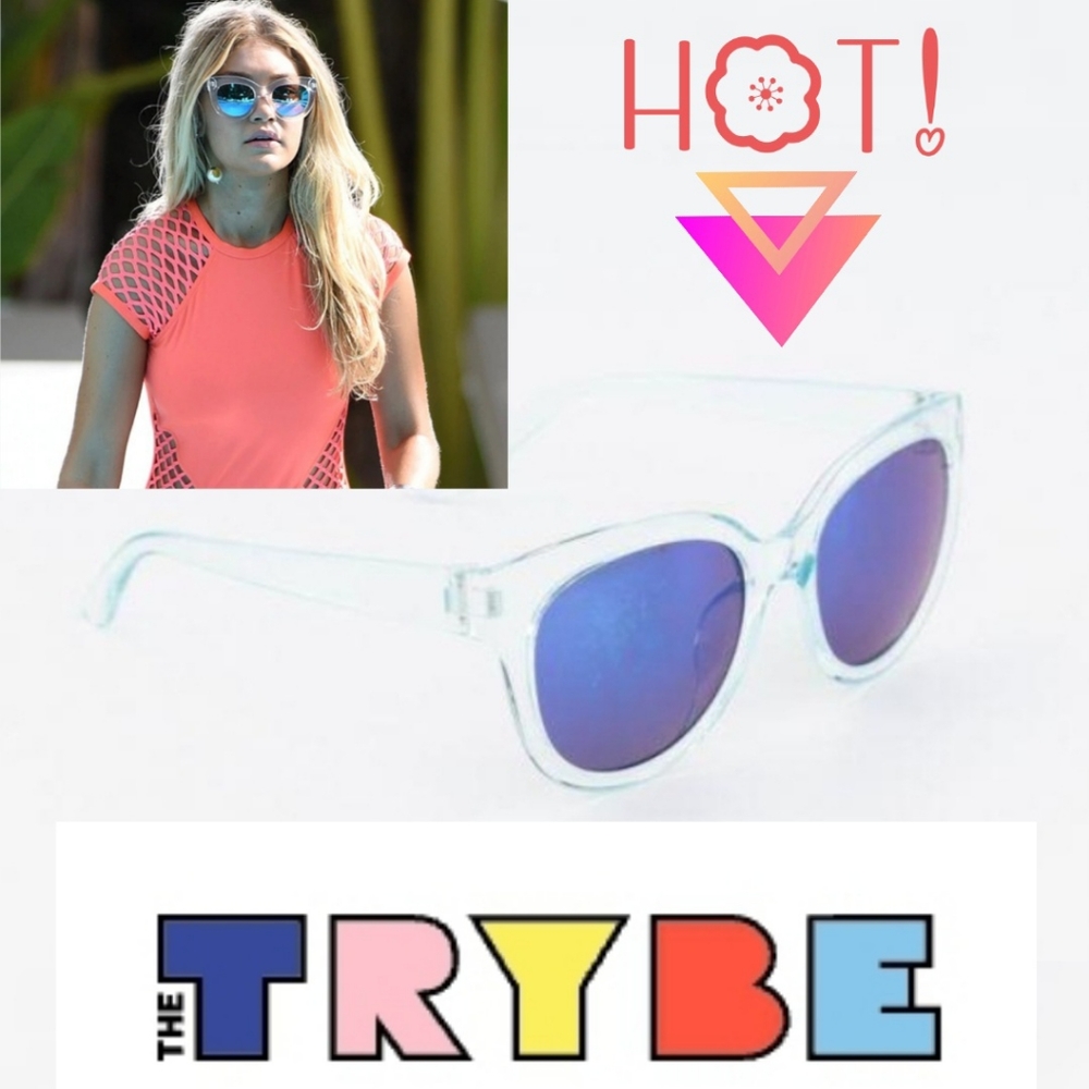 NEW CLEAR Cat Eye Frame OCEAN EYES Blue Mirrored Sunglasses by TRYBE - Picture 3 of 8
